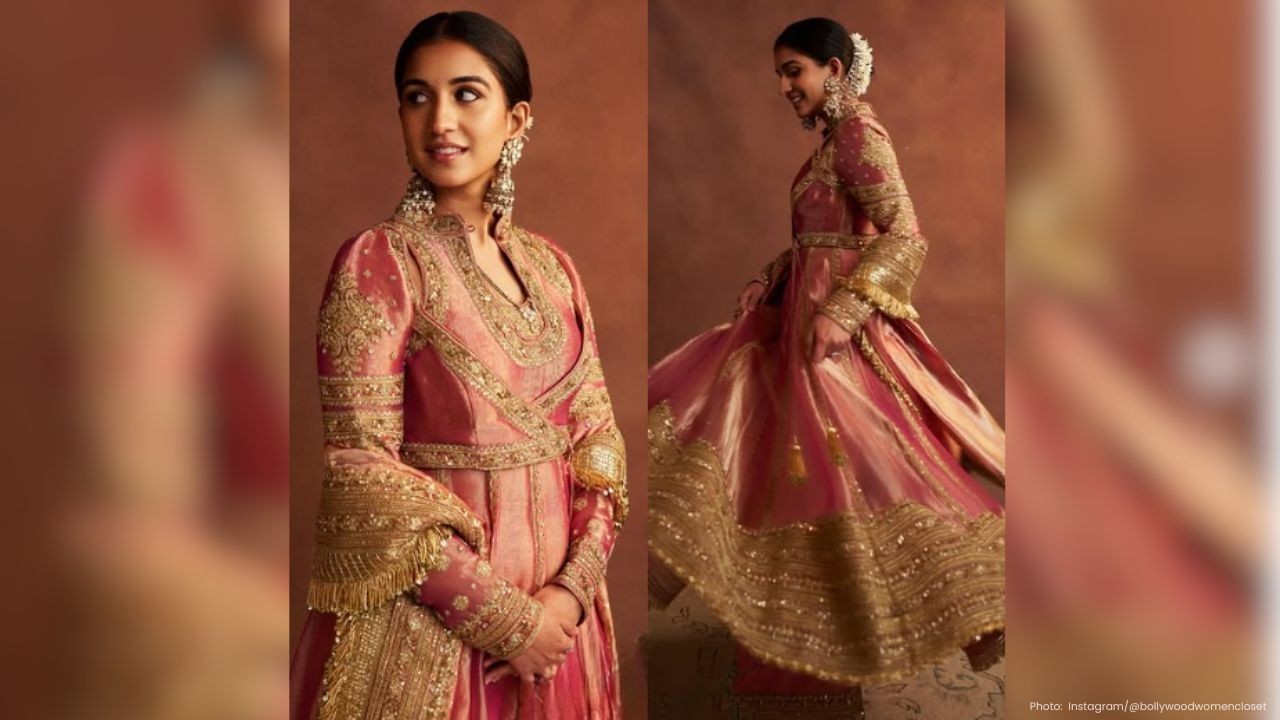 Radhika Merchant Stuns in Pink-Gold Abu Jani Sandeep Khosla Anarkali