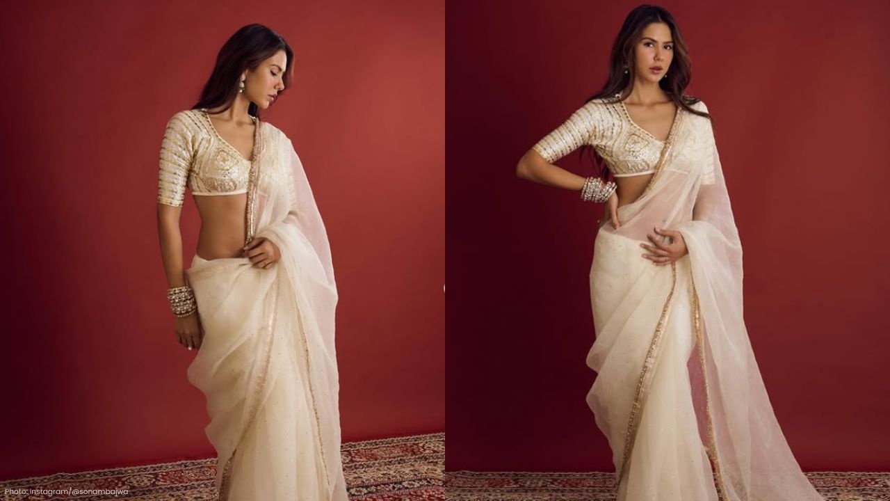 Sonam Bajwa Dazzles in Chic Off-White Saree with Golden Touches