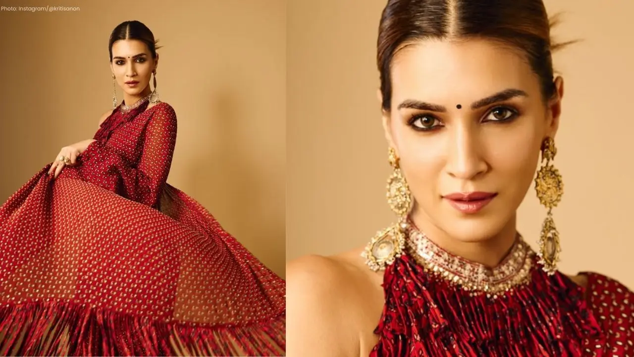 Kriti Sanon Radiates Elegance in Red Saree for Tere Ishk Mein Promotions