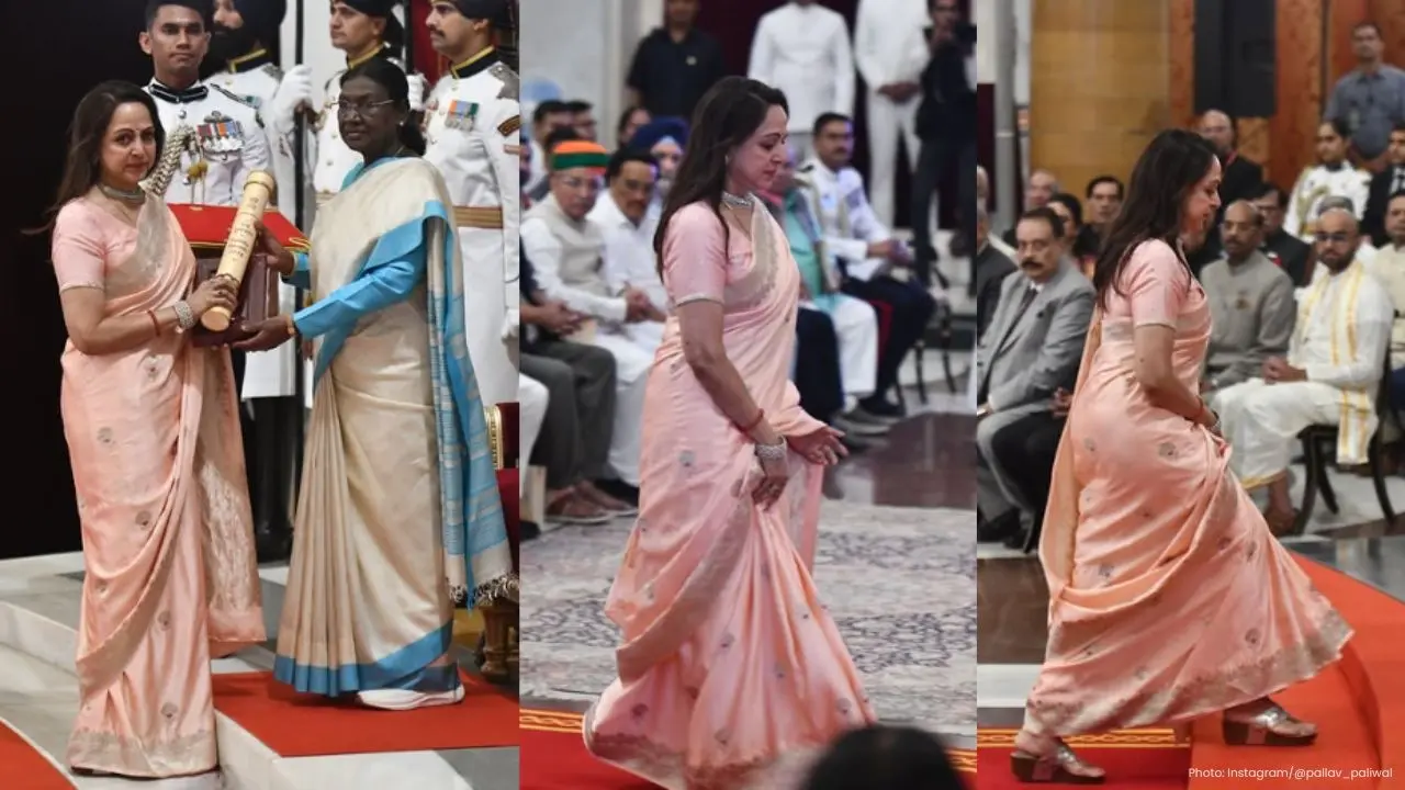 Hema Malini Dazzles in Blush Pink Saree at Padma Awards 2026